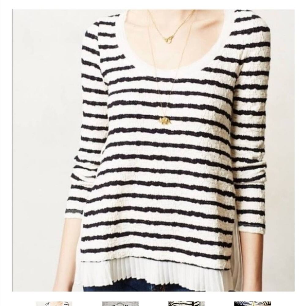 Anthropologie Postage Stamp/Postmark Striped Pleated Ruffle Hem Pullover Top  S